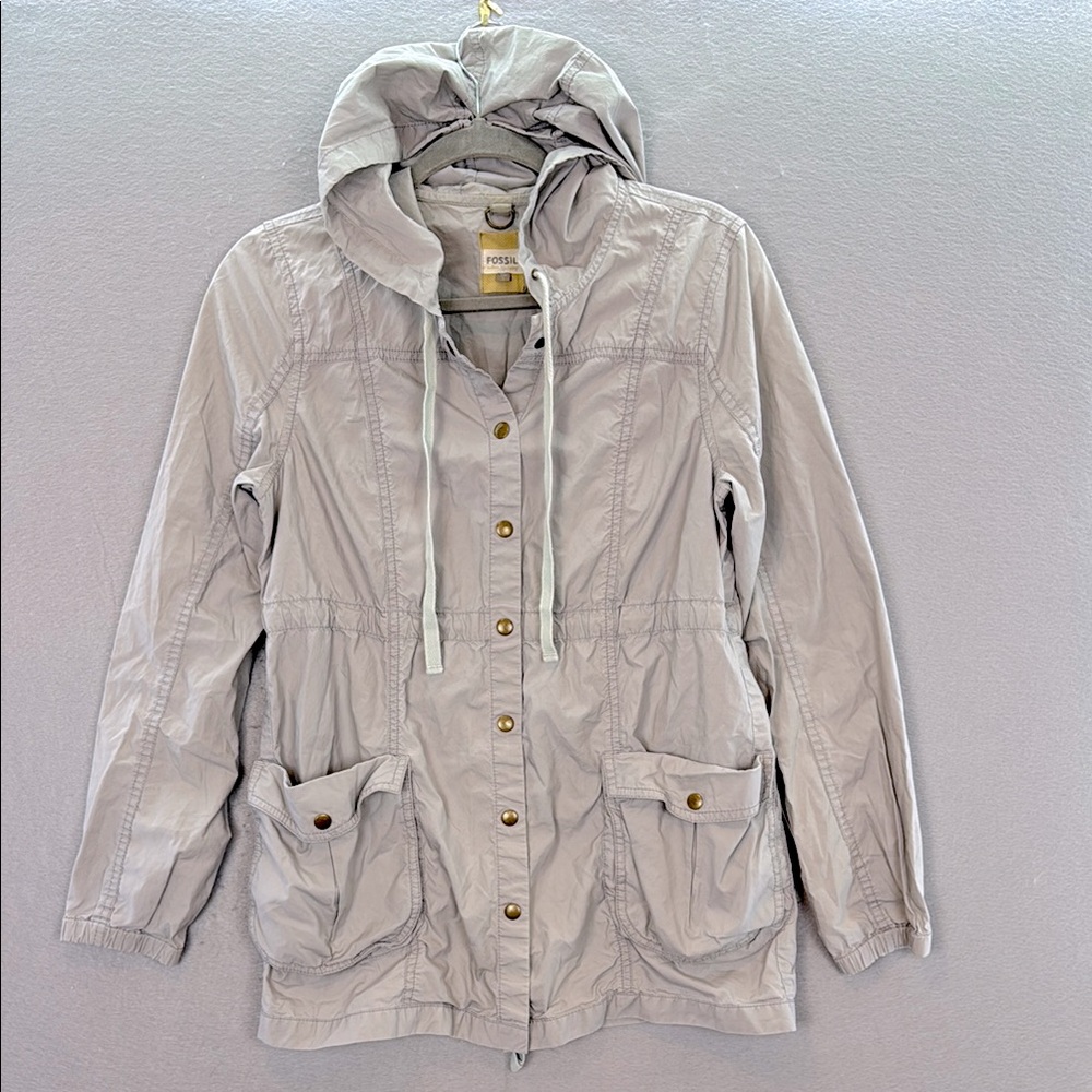 Fossil -women’s Light gray 100% cotton hooded snaps button Utility Jacket size S